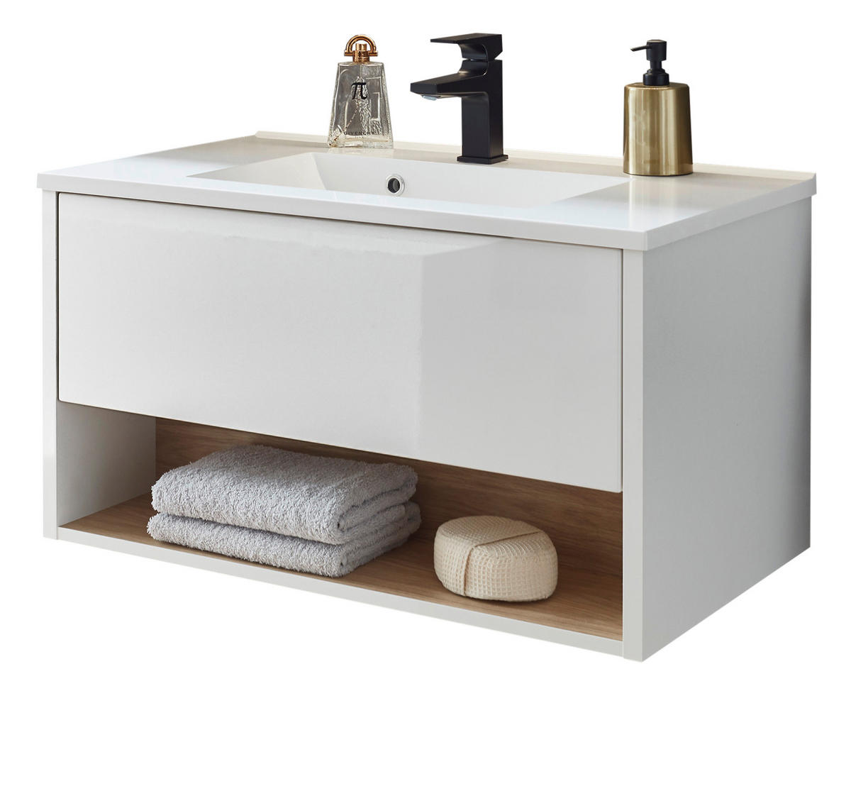 WASCHTISCH weiß Hochglanz, Eiche 80 cm, Waschbeckenunterschrank mit Waschbecken - Weiß Hochglanz, Holzwerkstoff (80/44/47cm) - Furn.Design