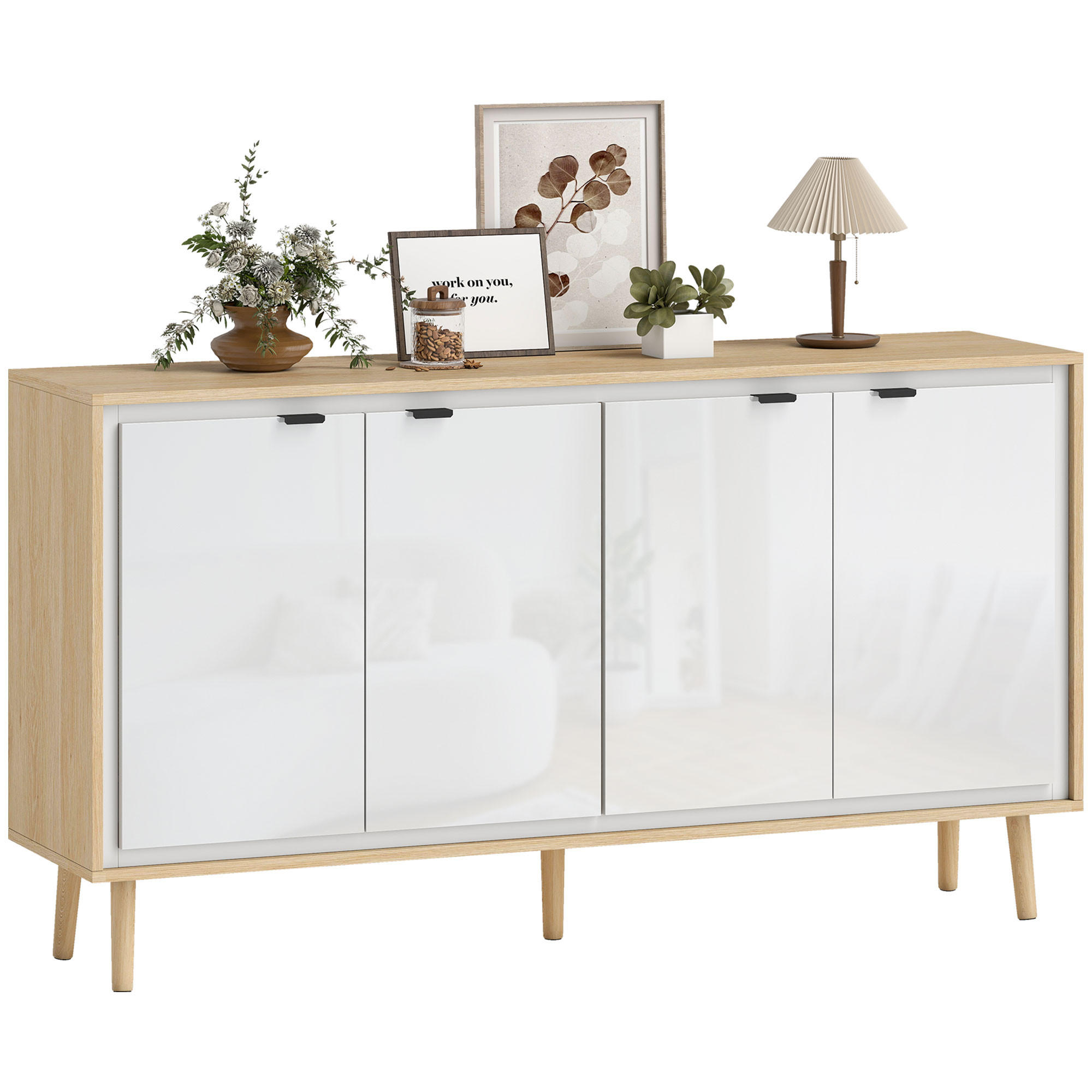 SIDEBOARD DE-11234 Hochglanz, 4 Türen & verstellbare Böden Weiß/Eiche - Weiß, Holzwerkstoff (141/77/35cm) - ComfortXL
