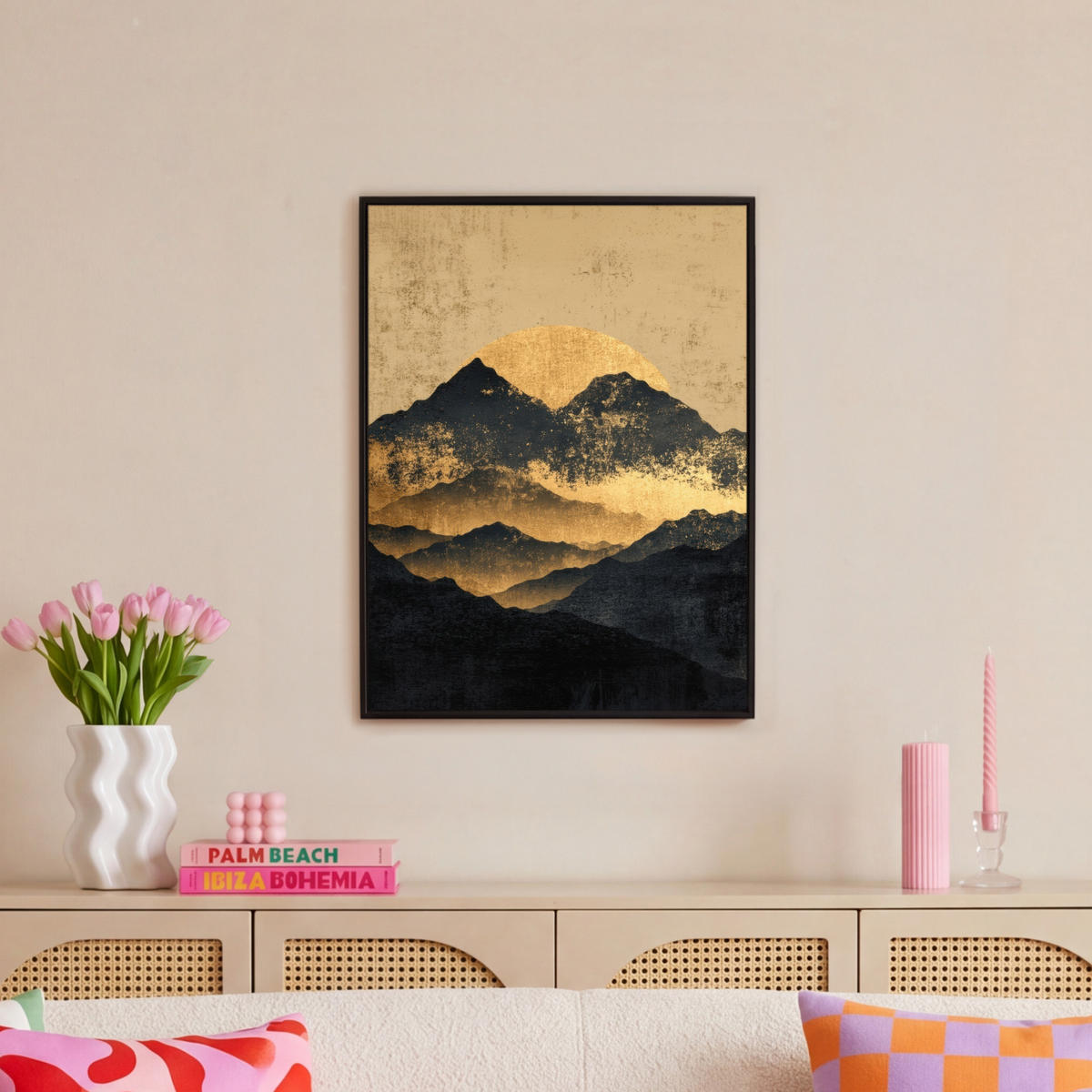 LEINWAND Bilder mit Rahmen - Goldene Berge bei Mondschein - 50x70 - Goldfarben, Textil (50/70cm) - MuchoWow