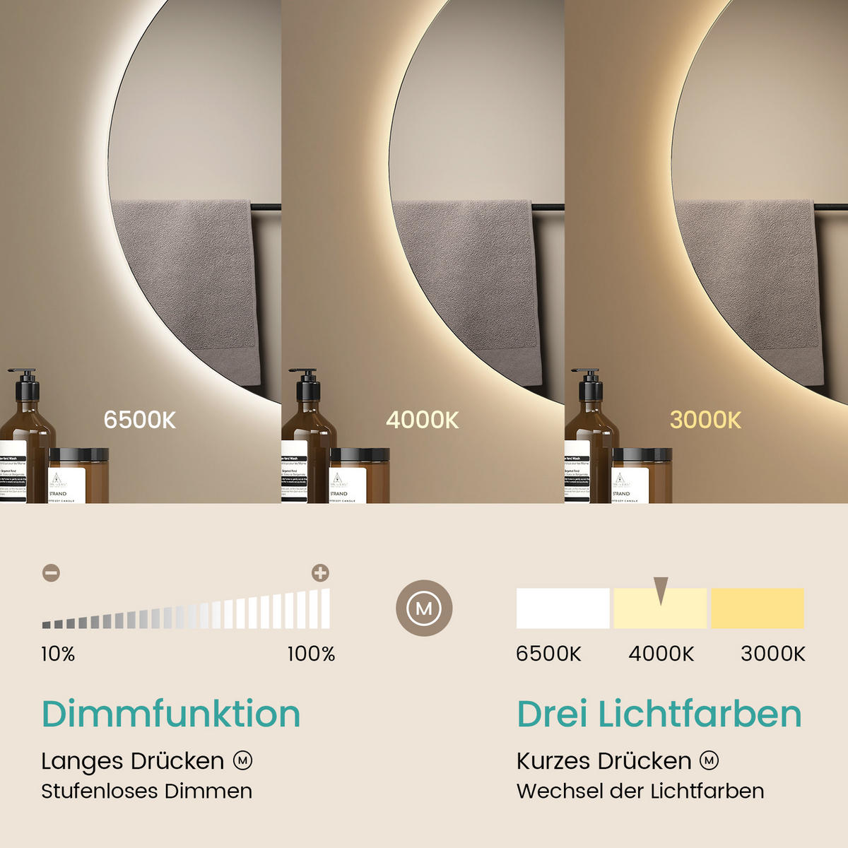 BADSPIEGEL rund mit Beleuchtung rahmenlos Ø50 cm - Weiß, Glas (50/3/50cm) - EMKE