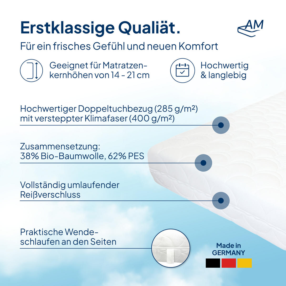 MATRATZENBEZUG Bio Baumwolle 100/200cm für 16cm Kernhöhe - Weiß, Textil (100/200cm) - AM Qualitätsmatratzen