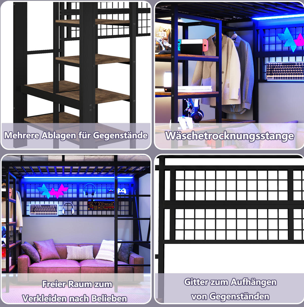 HOCHBETT 90/200 cm Schwarz aus Metall mit LED-Lichtleiste - Schwarz, Metall (90/200cm) - OKMYHOME