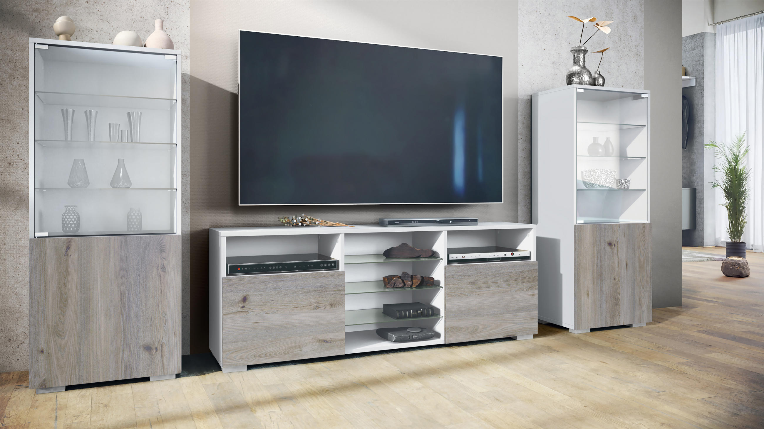 WOHNWAND Granada Eiche Nordic - Silbereichenfarben, Holzwerkstoff (286/122.5/35cm) - Vladon