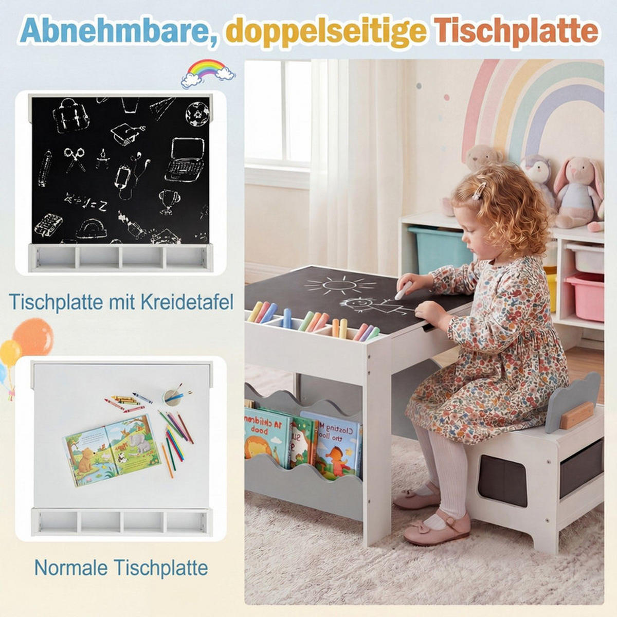 KINDERTISCH mit Stuhl grau(3-tlg) - Grau, Holzwerkstoff (66/48/64cm) - COSTWAY