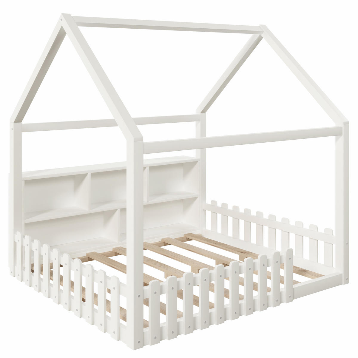KINDERBETT 140/190 cm Weiß, mit Gitter, LED-Licht, offenen Staufächern und Hausdesign - Weiß, Holz