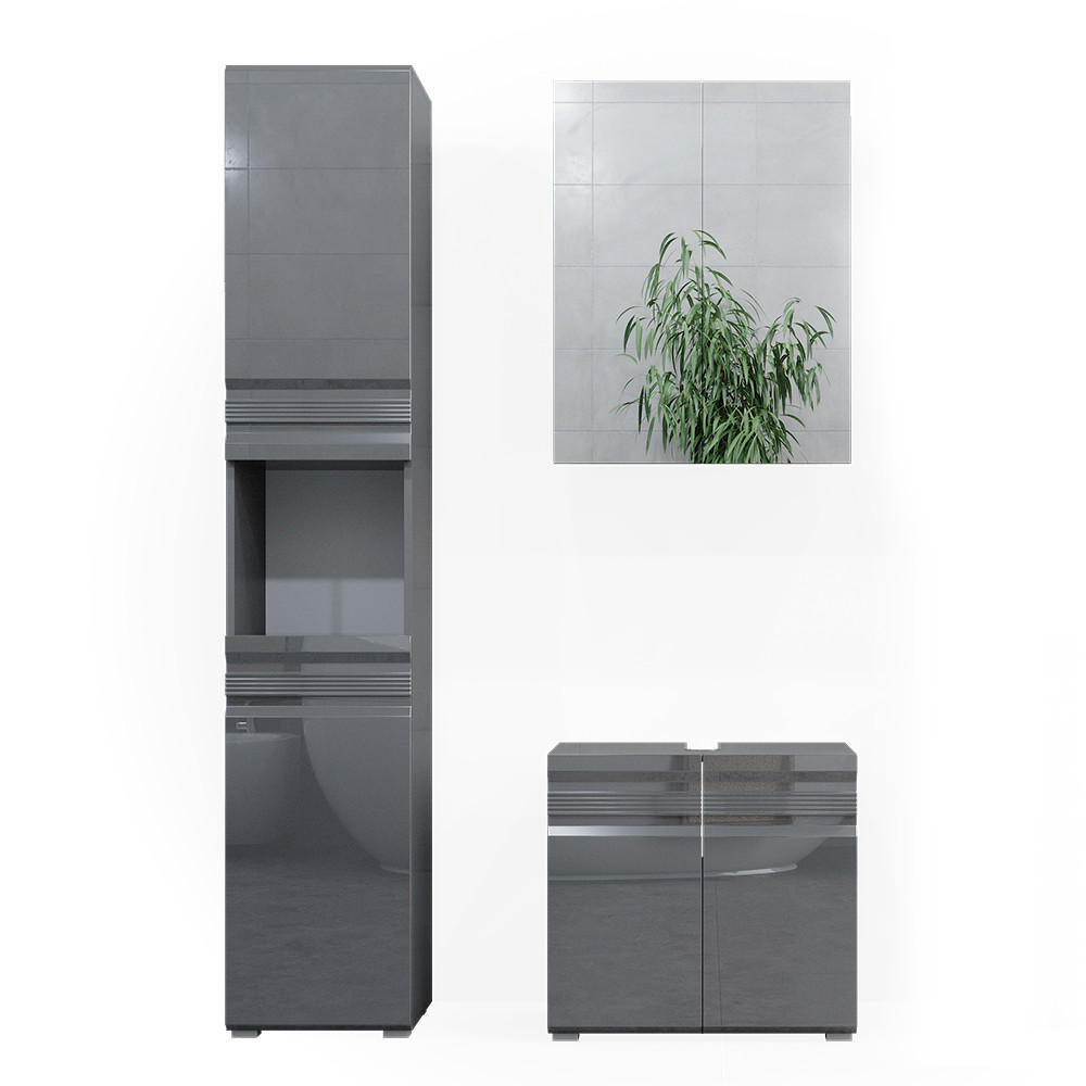 BADMÖBEL-SET Fredd Anthrazit Hochglanz 3 Teile, mit Hochschrank - Anthrazit, Holzwerkstoff (56/60/34cm) - Vicco