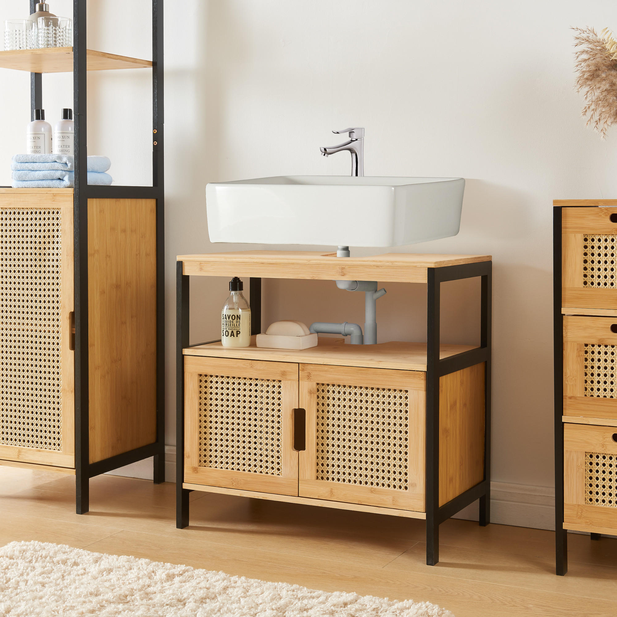 BADUNTERSCHRANK Tervola - Schwarz/Naturfarben, Holzwerkstoff (60/60/35cm) - [en.casa]