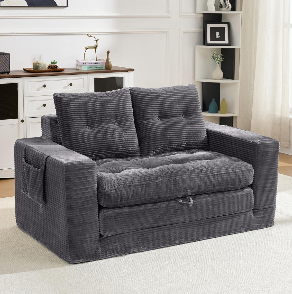 SOFA ausziehbar 2-Sitzer mit Seitentaschen Cord Dunkelgrau - Dunkelgrau, Kunststoff (140/67/85cm) - Meubliv