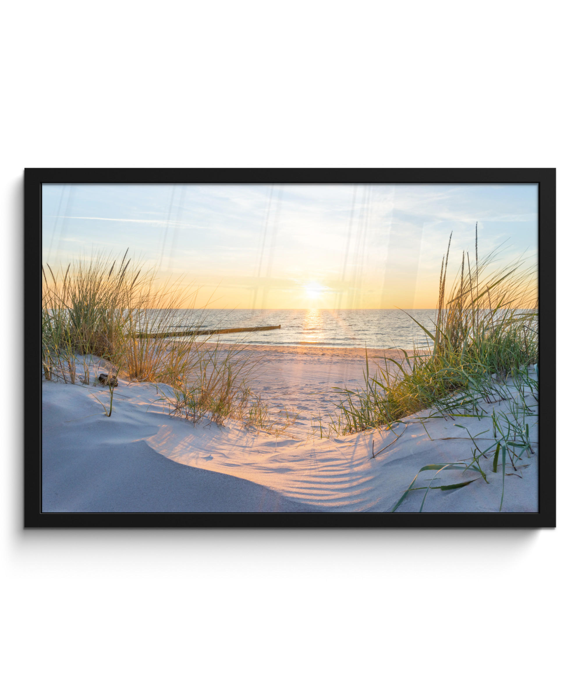POSTER MIT RAHMEN Strand - Sonne - Düne - Gras - Sand - Horizont 60x40 cm - Hellblau, Papier (60/40cm) - MuchoWow