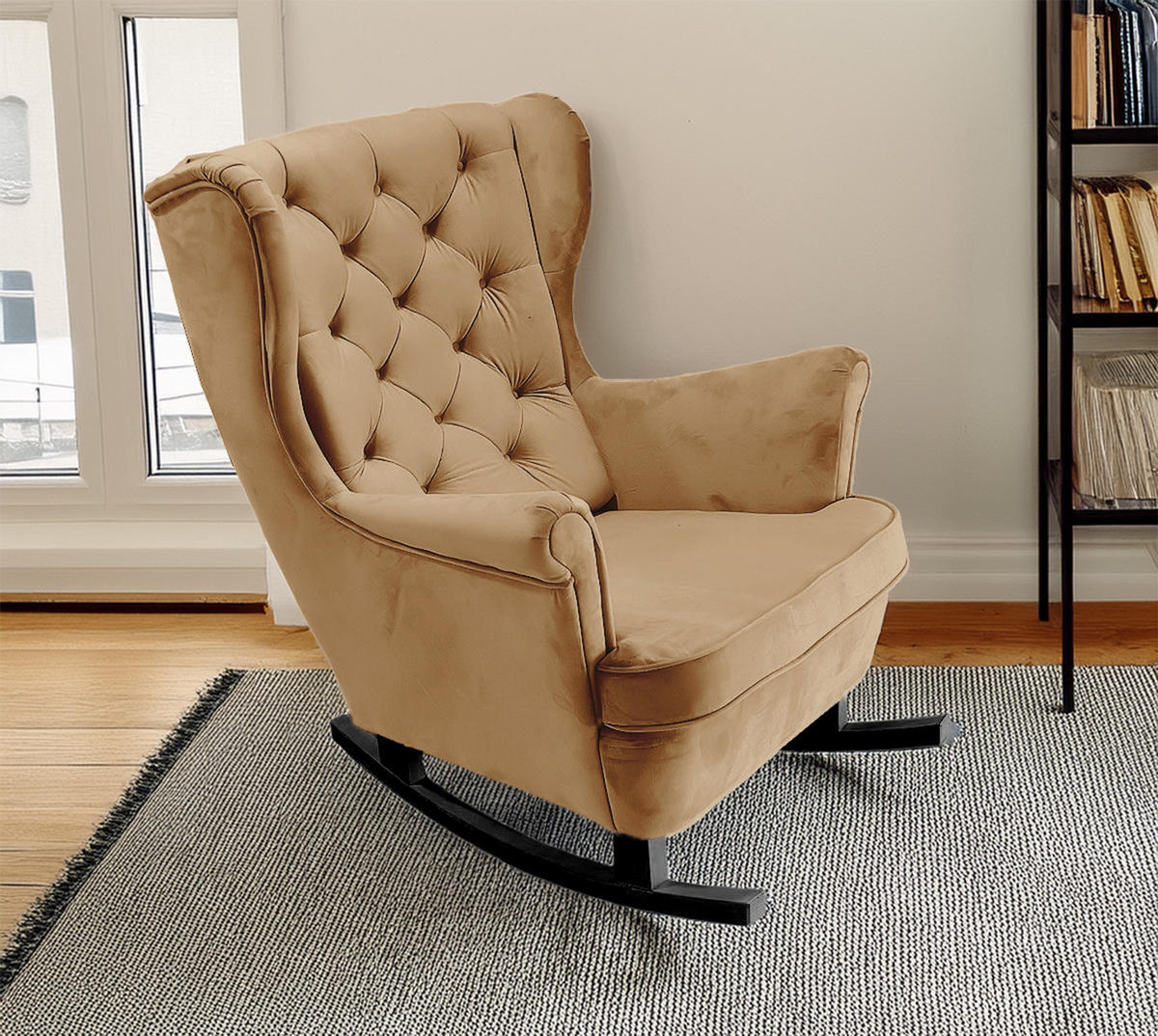 SCHAUKELSESSEL mit gepolstertem Sitz und Armlehnen, 102x81x95 cm, Beige_29806 - Kaschmir/Schwarz, Holz/Textil (81/102/95cm) - DomoHome
