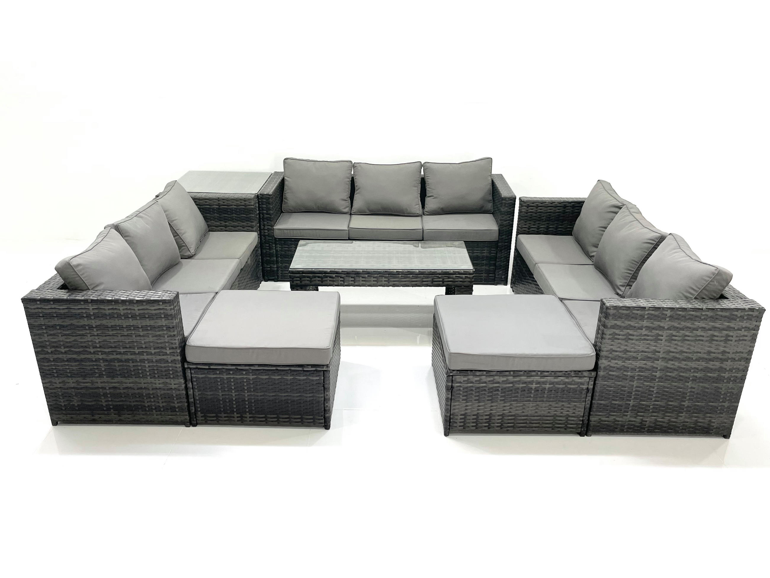 GARTENMÖBEL COUCHTISCH SET mit Sofa Polyrattan Outdoor 11-Sitzer - Dunkelgrau/Grau, Glas/Kunststoff - Fimous