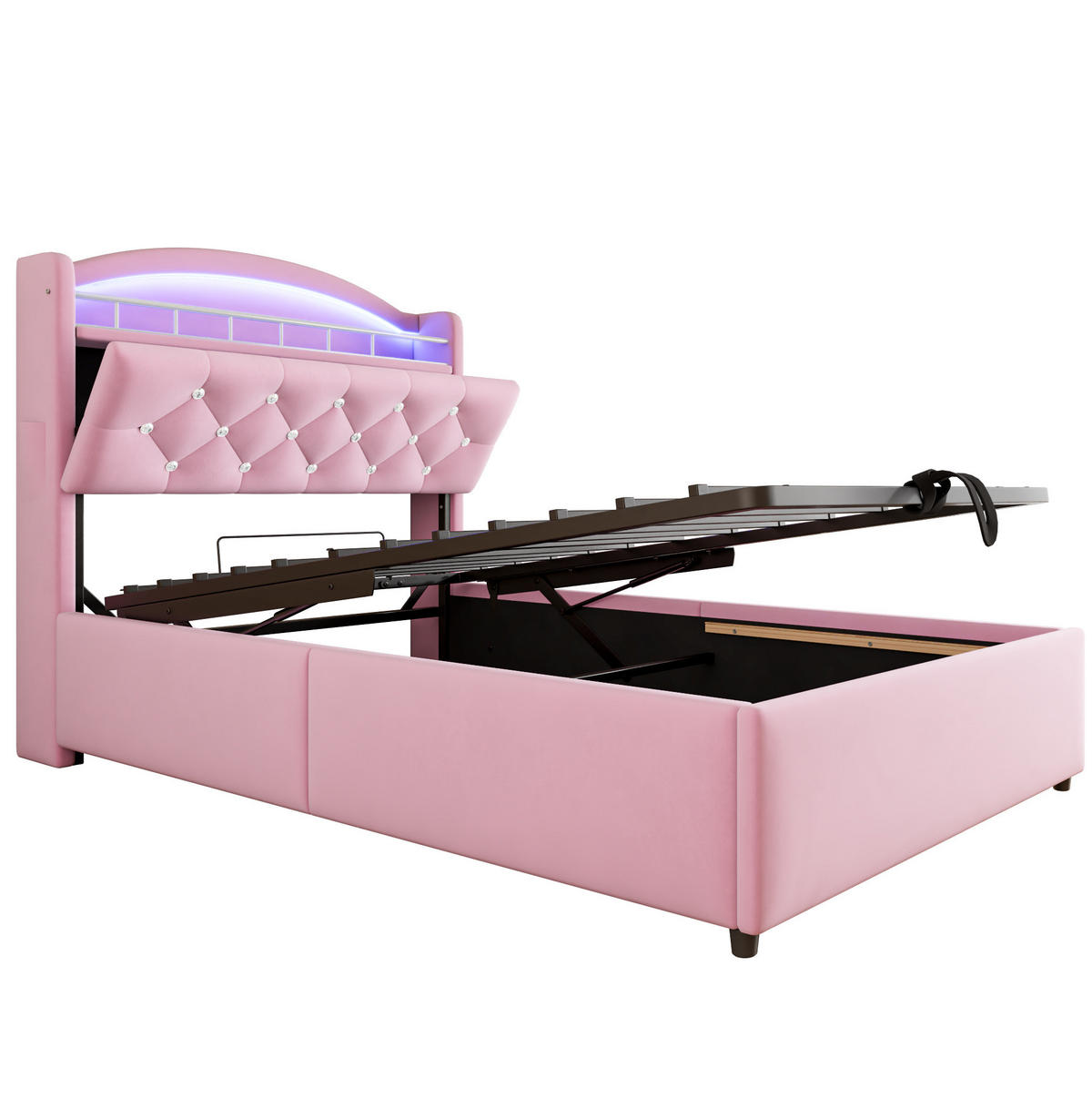KINDERBETT mit Stauraum 90x200 cm Samt Rosa mit LED und USB - Pink, Metall (90/200cm) - Meubliv