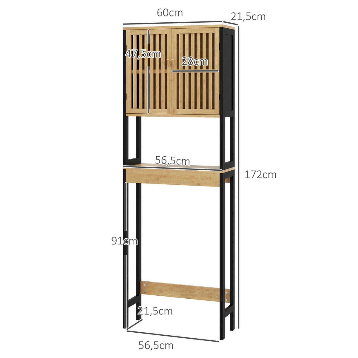 BADEZIMMERREGAL DE-15883 mit 2 Türen & offenem Fach Bambus - Naturfarben, Holzwerkstoff (21.5/172/60cm) - ComfortXL
