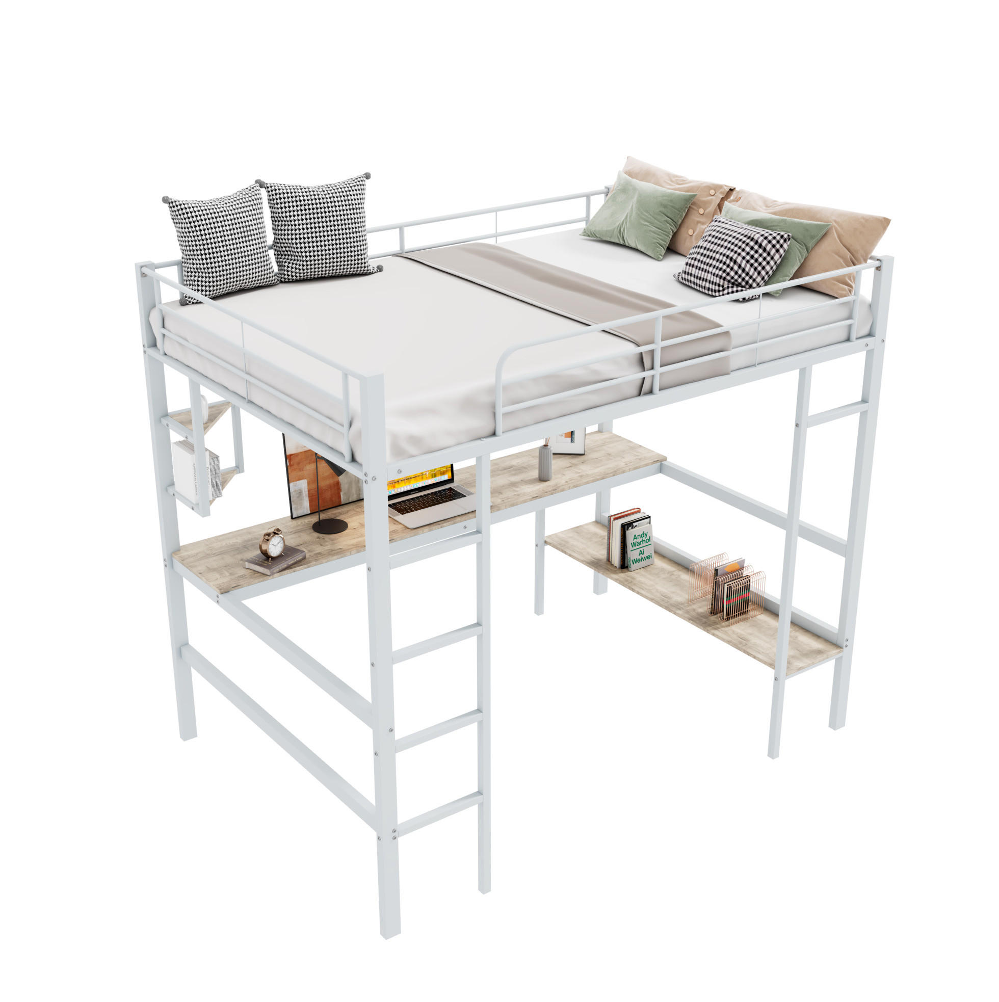 HOCHBETT 90/200 cm Weiß aus Metall und MDF mit Schreibtisch und Regalen - Weiß, Metall (90/200cm) - OKMYHOME