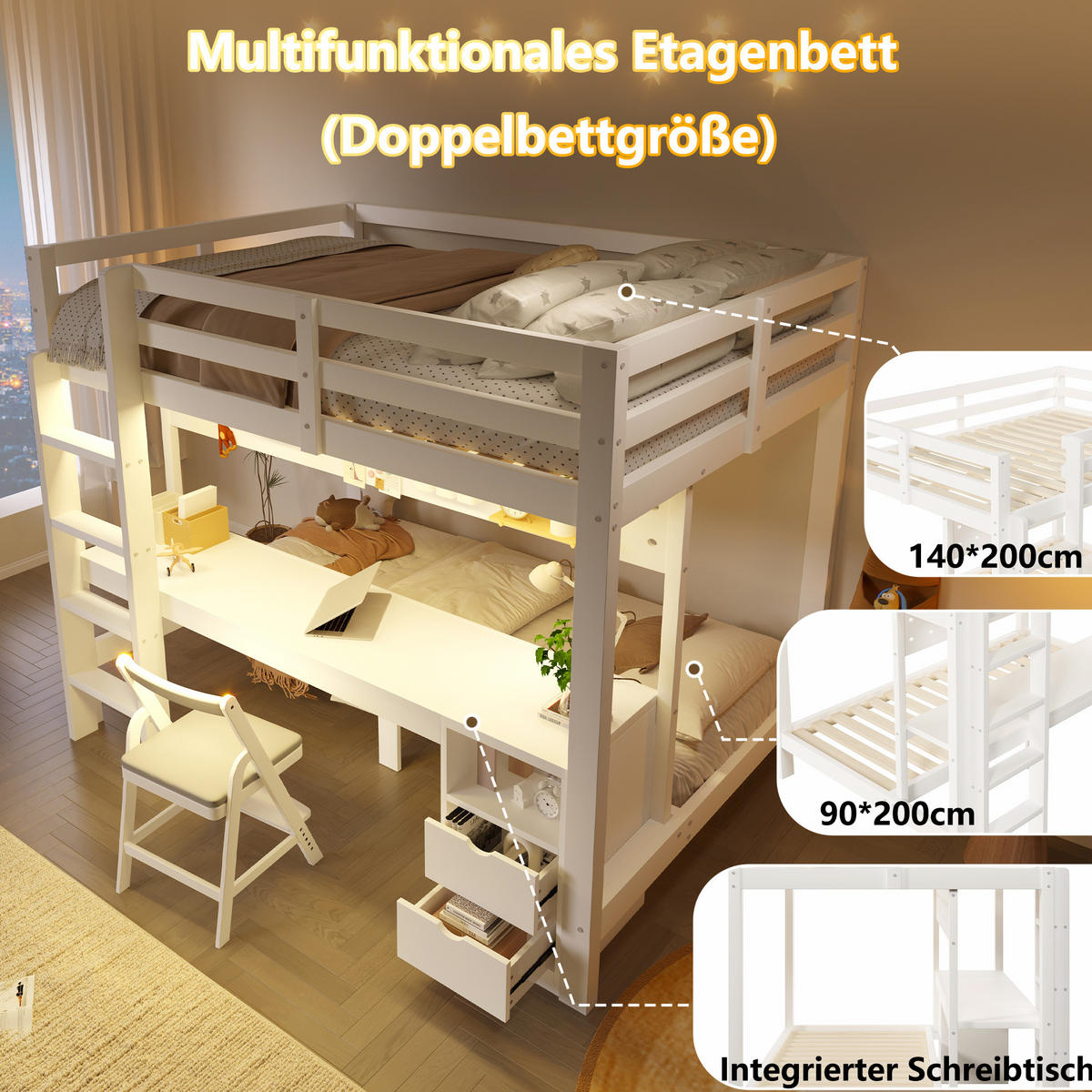 HOCHBETT 140/200 cm aus Kiefernholz mit Schreibtisch, Weiß - Weiß, Holz (140/200cm) - OKMYHOME