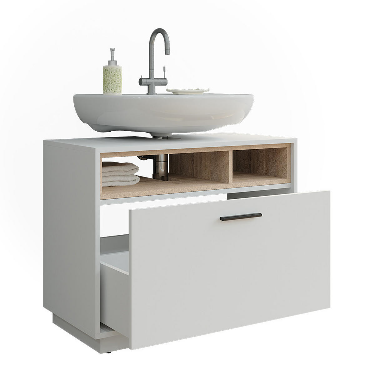 WASCHBECKENUNTERSCHRANK Beatrice Weiß/Sonoma 80 x 84.5 cm mit Schublade - Weiß/Sonoma Eiche, Holzwerkstoff (80/84.5/35cm) - Vicco