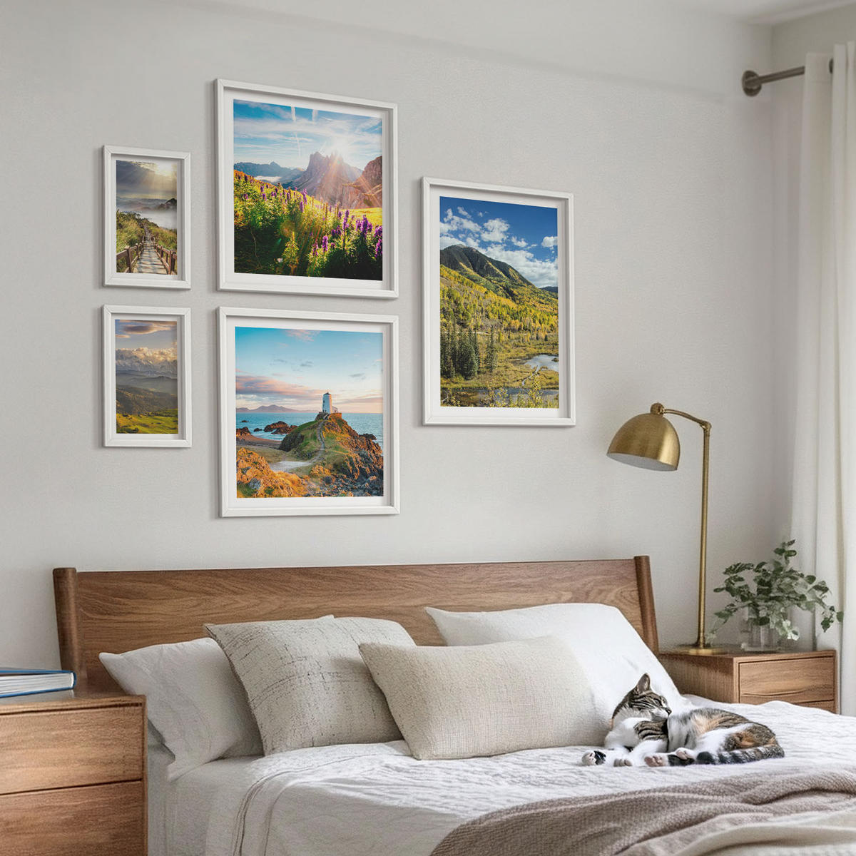 WANDBILDER 5er-Set - 50x50 cm & 20x30 cm & 40x60 cm Weißer Rahmen - Berglandschaften Wasserfall - Weiß, Kunststoff (40/60cm) - ArtPrintCave