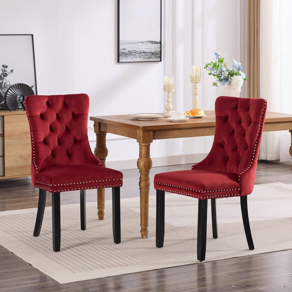 STUHL-SET DE-36286 2 Stück mit Ziernieten Weinrot - Weinrot, Holz (50/95/65cm) - ComfortXL