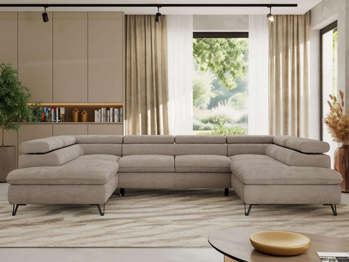 WOHNLANDSCHAFT PABLO U Schenille glatt Hellgrau mit Topper Visco - Hellgrau/Schwarz, Textil/Metall (346/76/208cm) - MKS