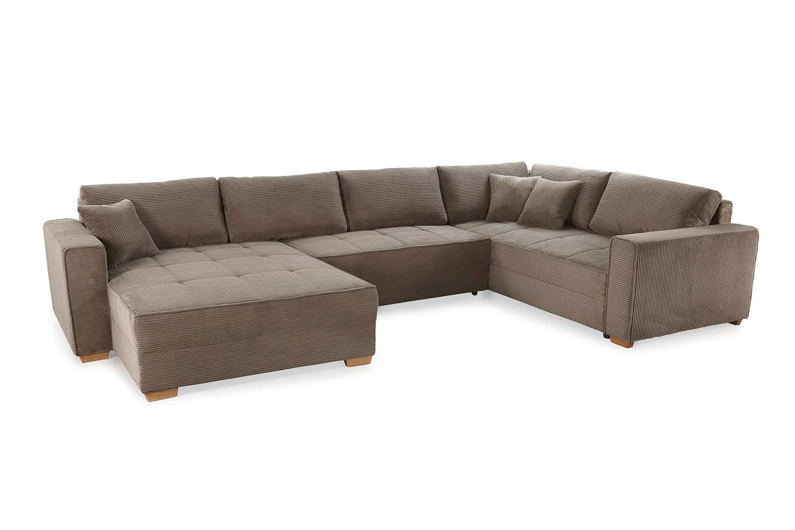 WOHNLANDSCHAFT Schlaffunktion Bettkasten Wellenunterfederung, spiegelverkehrt montierbar U-Form B379/T227/H86 cm, Cord Braun Taupe / 15197 - Taupe/Eichefarben, Holz/Textil (379/86/227cm) - luma-home