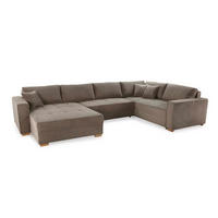 WOHNLANDSCHAFT Schlaffunktion Bettkasten Wellenunterfederung, spiegelverkehrt montierbar U-Form B379/T227/H86 cm, Cord Braun Taupe / 15197 - Taupe/Eichefarben, Holz/Textil (379/86/227cm) - luma-home