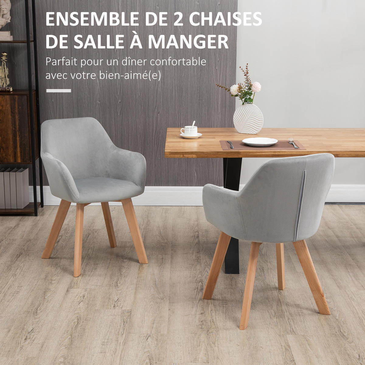 ARMLEHNSTUHL 2er-Set DE-13208 Veloursbezug & Holzfüße Grau - Grau, Holz (57/80/54cm) - ComfortXL