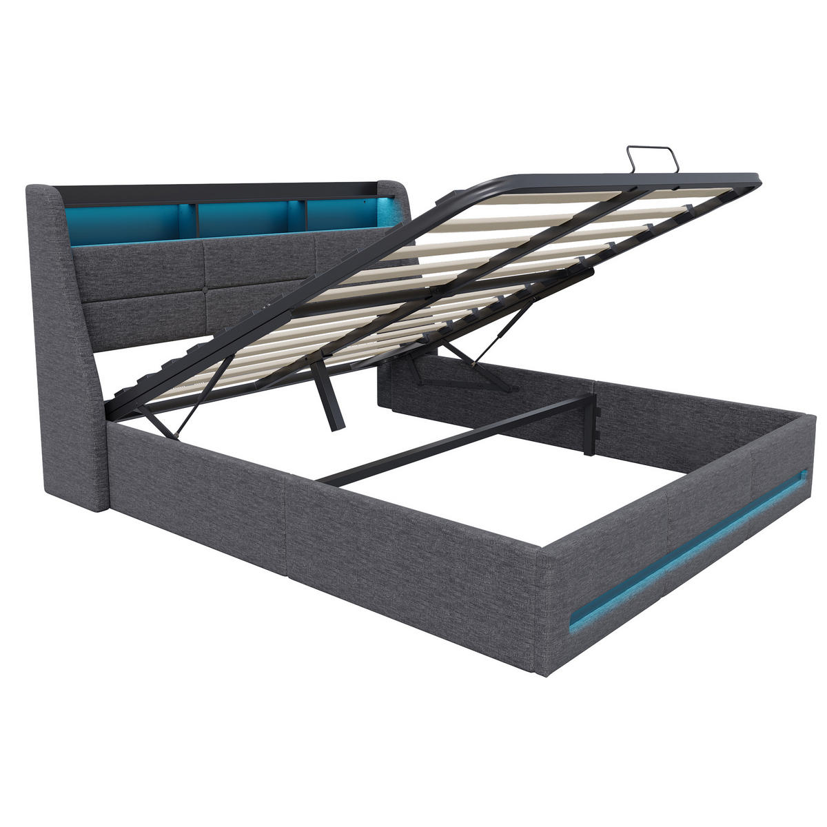 POLSTERBETT 140x200 cm mit Bettkasten, Doppelbett 140x200 cm mit LED und USB, Stauraumbett mit Hydraulik, Grau Leinenstoff - Grau, Glas/Holzwerkstoff (140/200cm) - GENKI LIVING