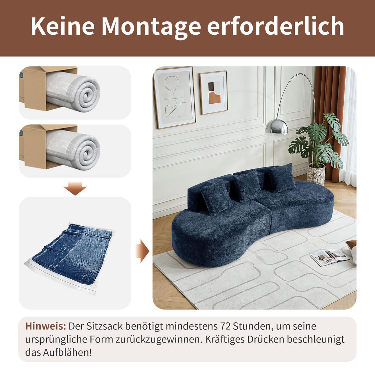 ECKSOFA Samtbezug inklusive Zierkissen 277/103/68 cm Blau - Blau, Textil (103/277cm) - Redom