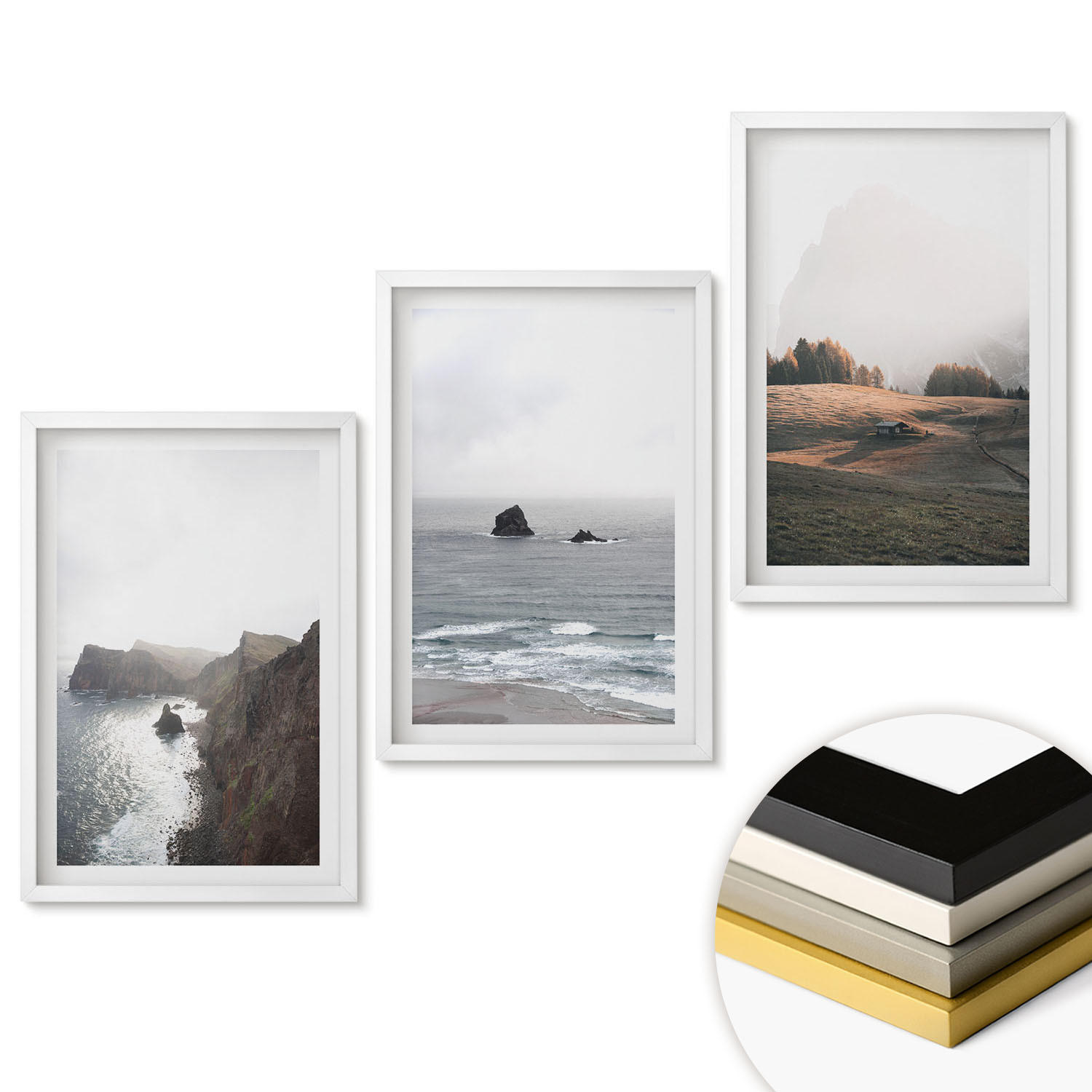 WANDBILDER 3er-Set - 40x60 cm Weißer Rahmen - Landschaften aus Bergen und Meer - Weiß, Kunststoff (40/60cm) - ArtPrintCave