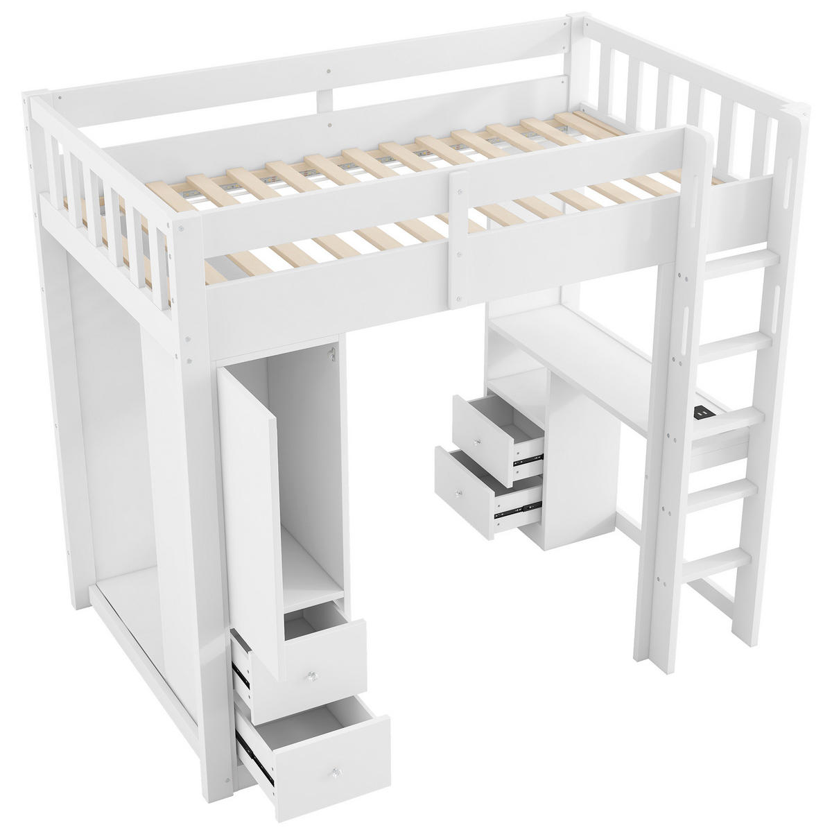 HOCHBETT 90/200 cm Weiß mit Schreibtisch, LED und 4 Schubladen - Weiß, Holz (90/200cm) - MIVRAY