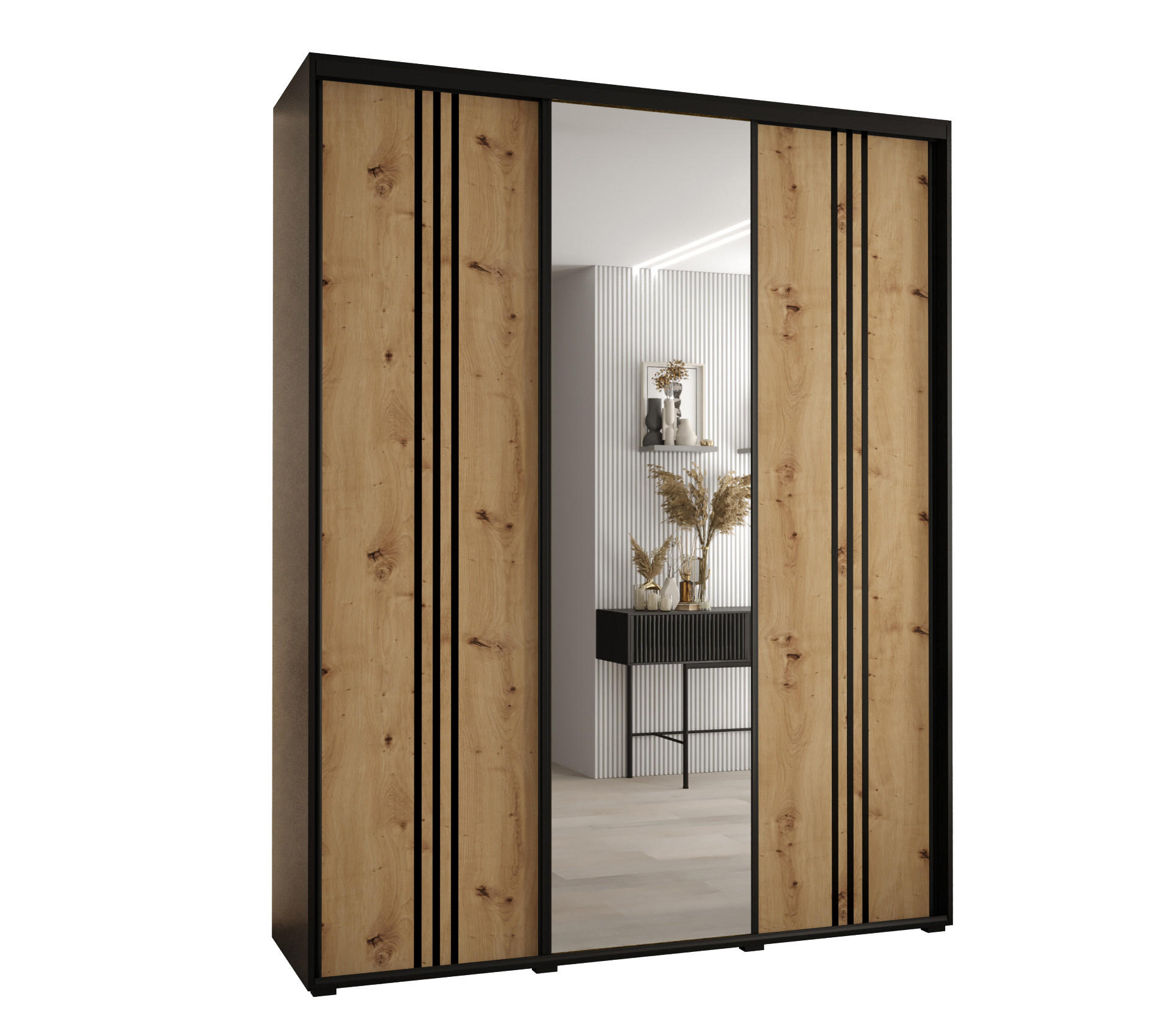 Abiks Möbel Schwebetürenschrank Schwarz, Eiche Artisan, Schwarz 190x235x45 cm