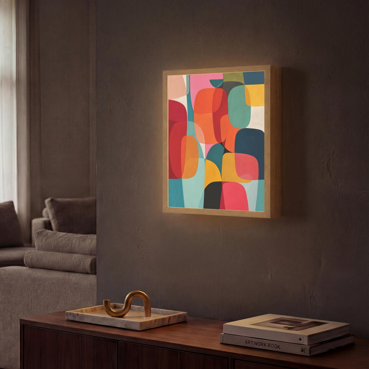 NÁSTĚNNÁ LAMPA S AKUMULÁTOREM Tvary - barevné - abstraktní - letadla 30x40 cm - různobarevná, kompozitní dřevo (30/40/8cm) - OnlyWow