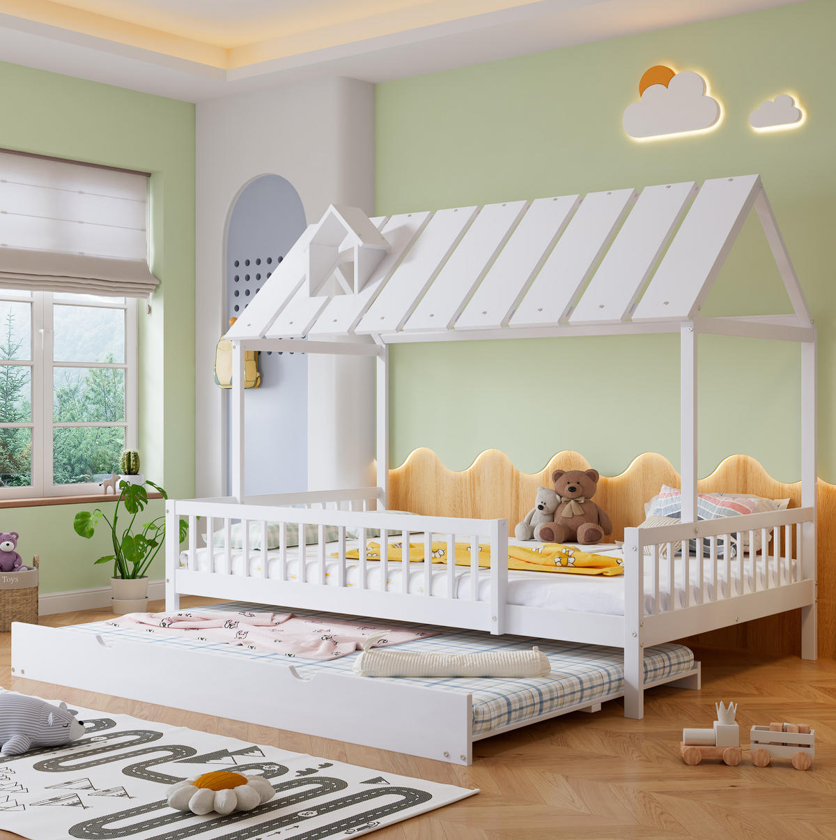 HAUSBETT 120/200 cm in Weiß – mit Dach, Kaminleiste und Rollbett - Weiß, Holzwerkstoff (120/200cm) - BEAOK