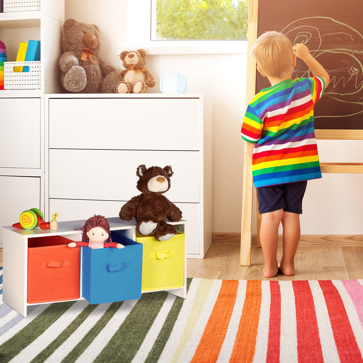 KINDERSITZBANK - Multicolor, Holzwerkstoff/Textil (81/35.5/29cm) - Relaxdays