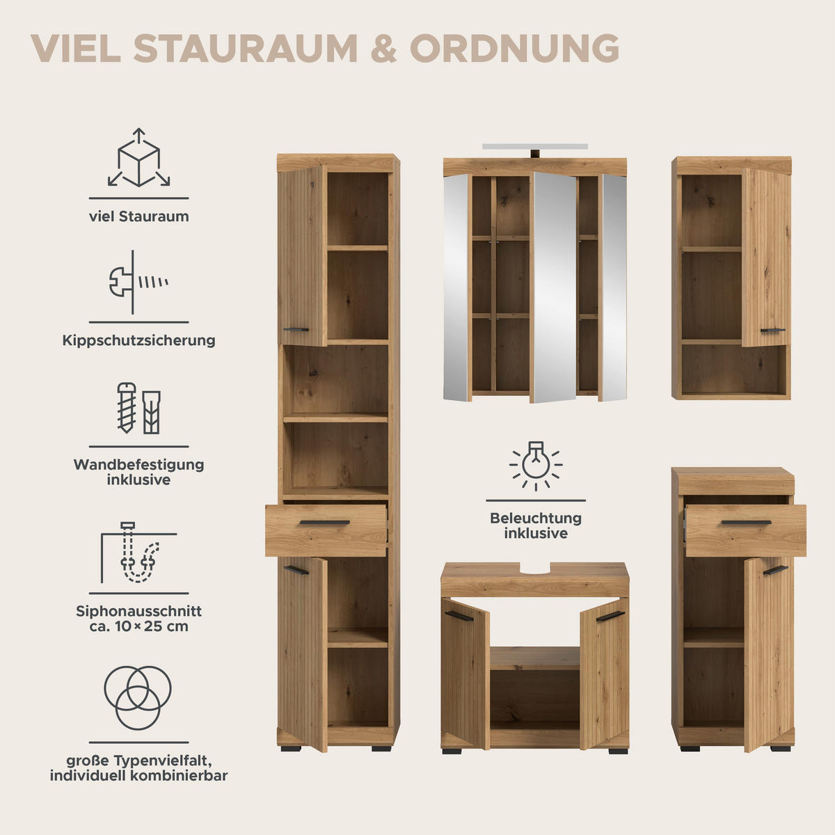BAD-SET SCOUT 6-tlg. (B/H/T: ca. 164/191/34 cm) in Artisan Eiche Nachbildung/Artisan Eiche Nachbildung - Eiche Artisan, Holz (164/191/34cm) - Homes & Jones