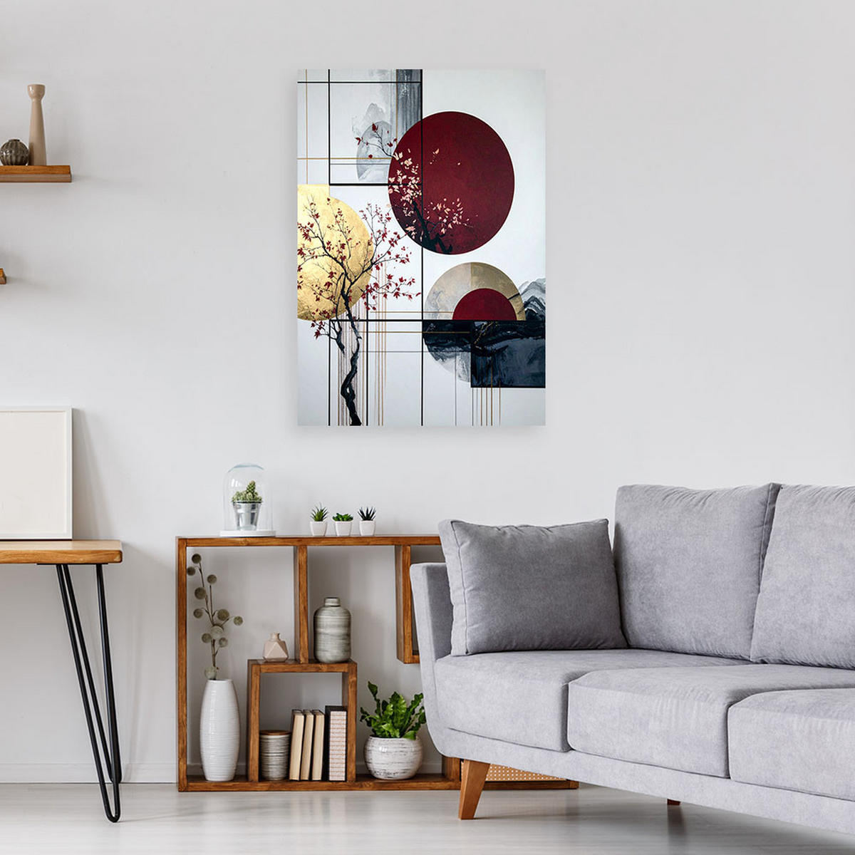 WANDBILD, Abstrakt in Burgunderrot Kreise und Blätter - Weiß, Textil (60/90cm) - Feeby