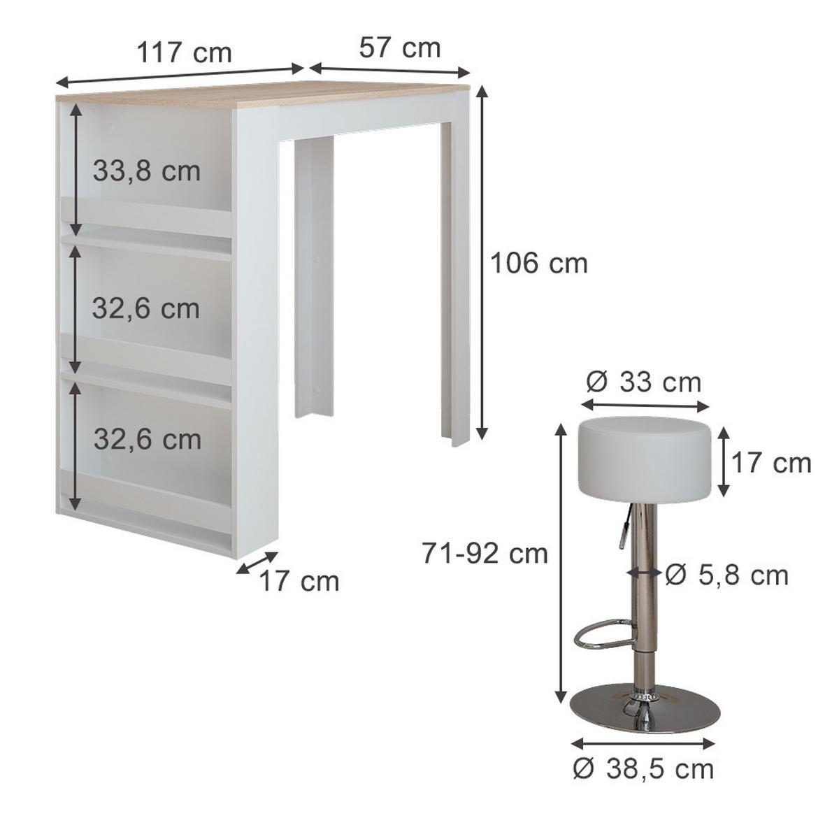 BARTISCH-SET Repose Weiß/Sonoma 57 x 117 cm mit 2 Barhockern - Weiß/Sonoma Eiche, Holzwerkstoff (117/57/106cm) - Vicco