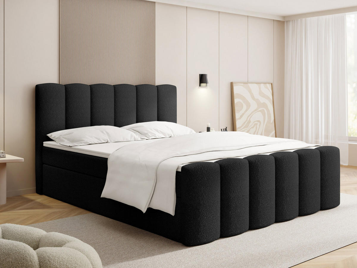 BOXBETT Serenity mit Bettkasten, Boucle Schwarz 200x200 cm – inkl. H4 Taschenfederkern Matratze & Foam Topper - Schwarz, Holz/Holzwerkstoff (200/200cm) - WFL GROUP