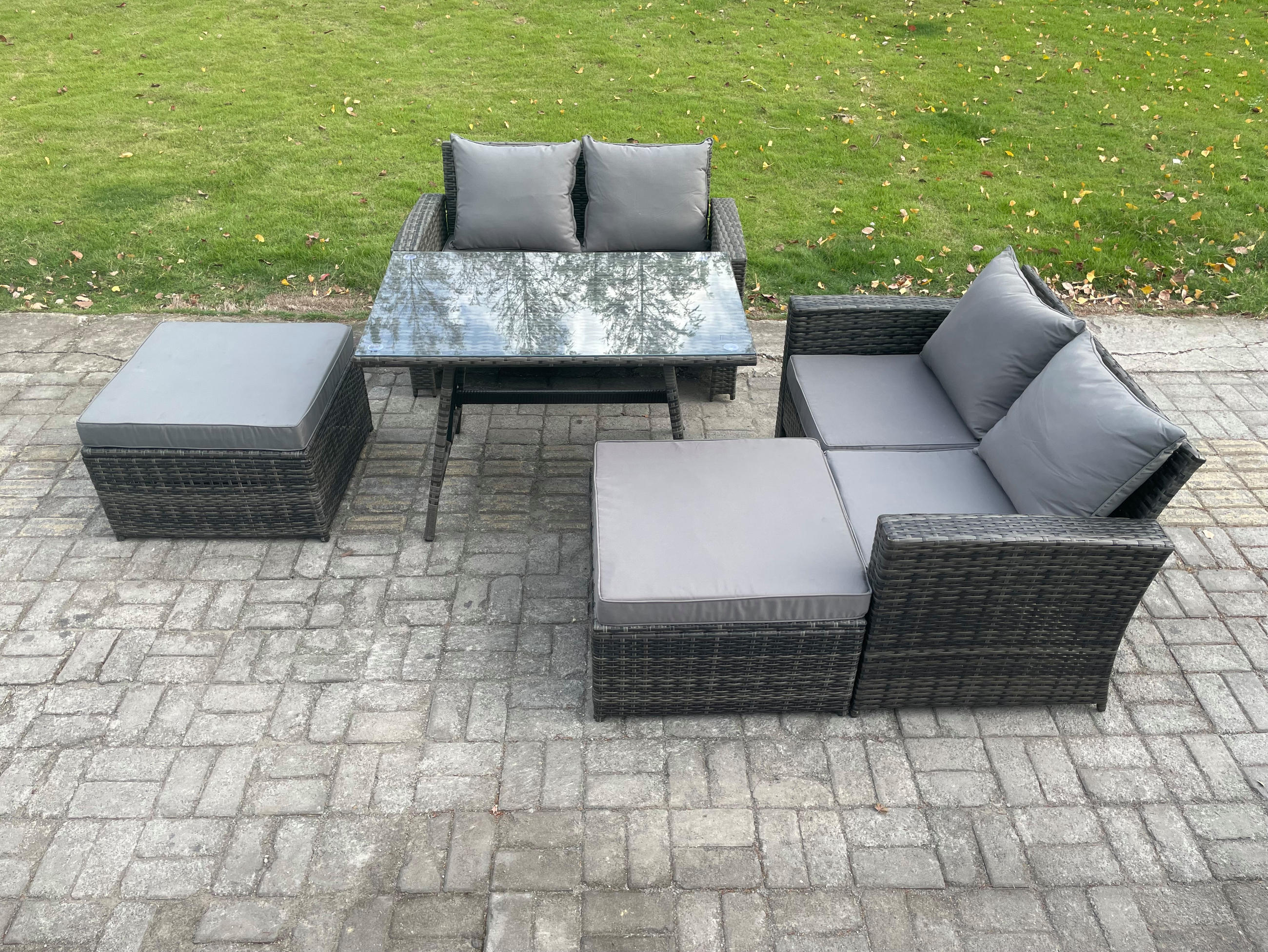 GARTENMÖBELSET mit ESSTISCH,HOCHLEHNER-SOFA Polyrattan Dunkelgrauer Mix 6-Sitzer - Dunkelgrau/Grau, Glas/Kunststoff - Fimous