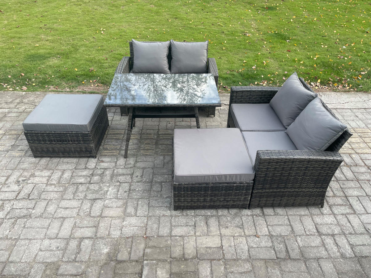 GARTENMÖBELSET mit ESSTISCH,HOCHLEHNER-SOFA Polyrattan Dunkelgrauer Mix 6-Sitzer - Dunkelgrau/Grau, Glas/Kunststoff - Fimous