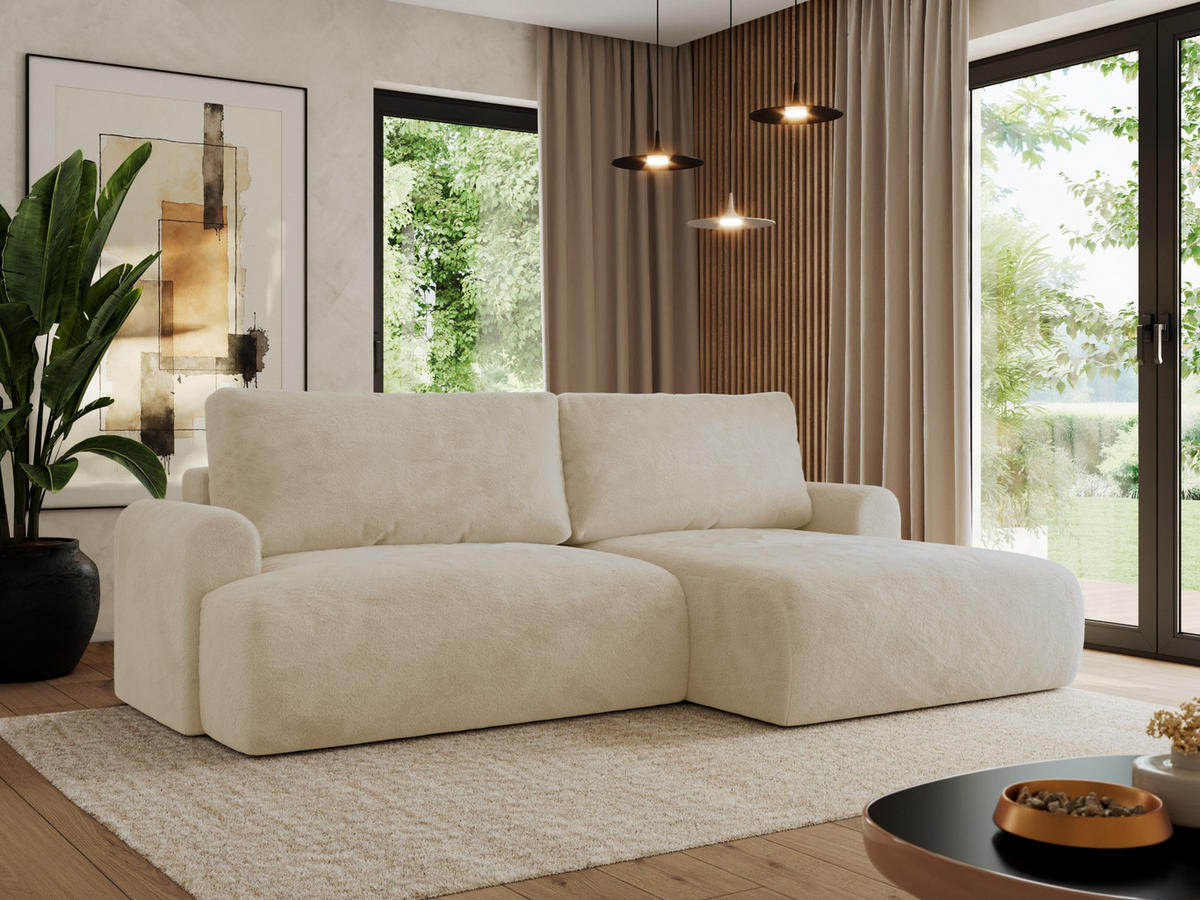 ECKSCHLAFSOFA TONO L Creme Plüsch - rechts - Creme/Schwarz, Kunststoff/Textil (150/260cm) - MKS