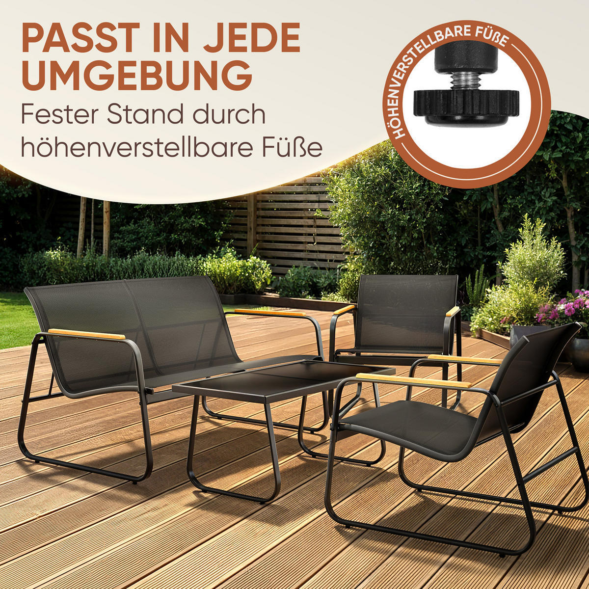 GARTENMÖBEL 4er Set, 2 Sessel 1 Tisch und 1 Bank, Anthrazit - Anthrazit, Metall - Blumtal