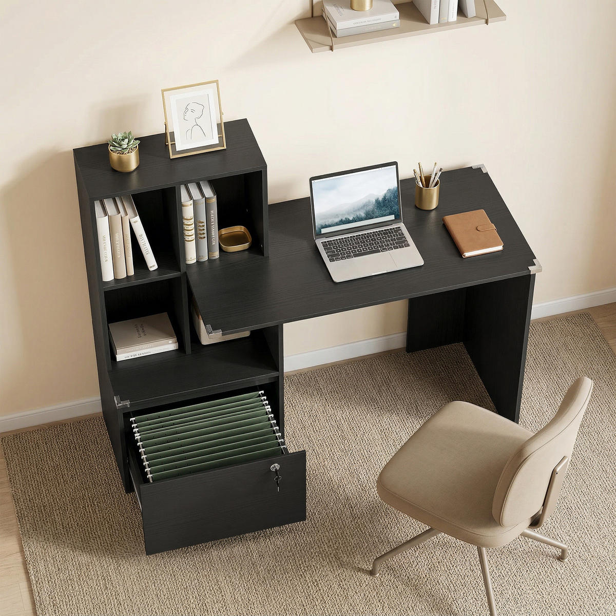 SCHREIBTISCH Schwarz mit abschließbarer Schublade und Regal 126/50/109 cm - Schwarz, Holzwerkstoff (50/126/109cm) - PANGIVO