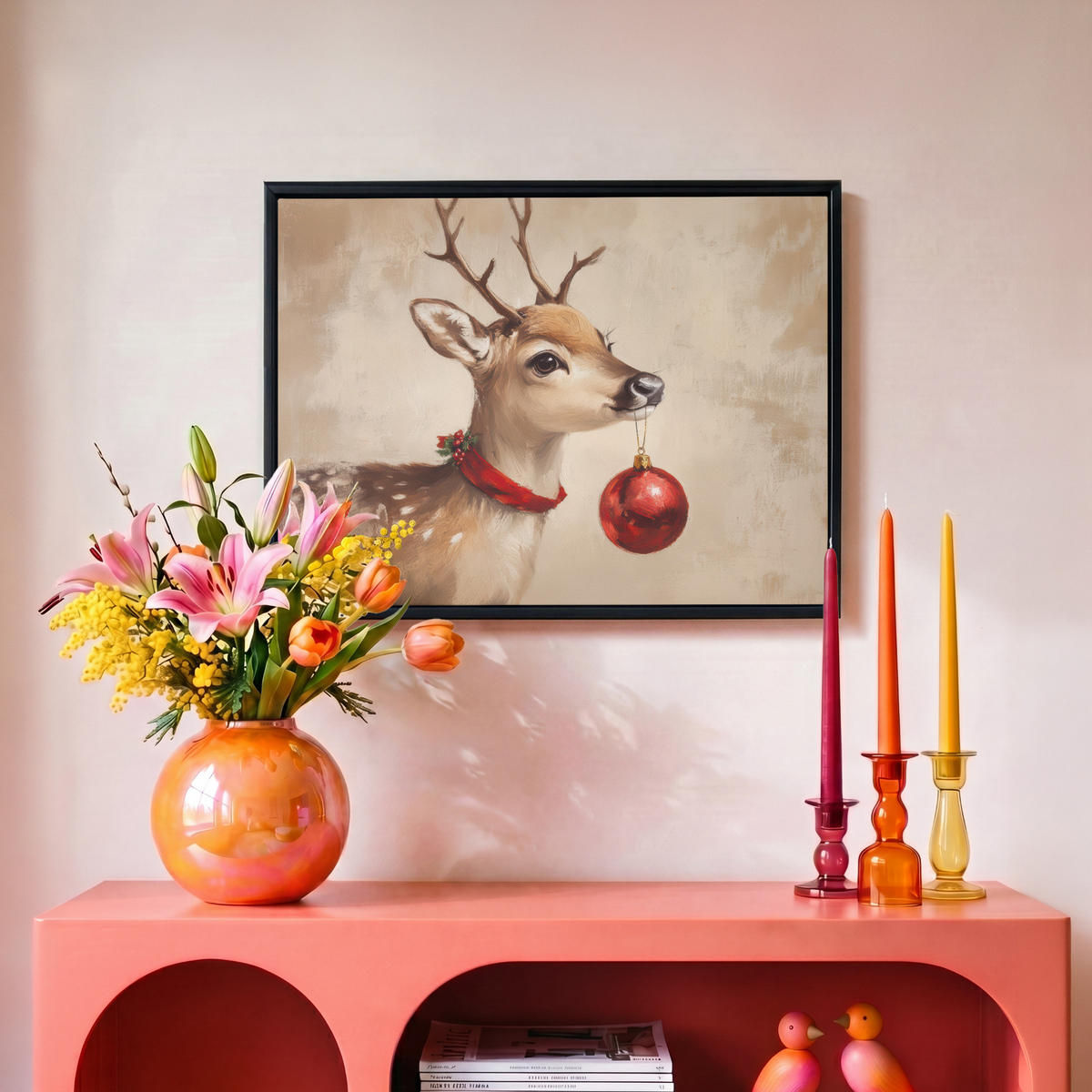 LEINWAND Bilder mit Rahmen - Weihnachten - Hirsch - Geweih - Weihnachtskugel - Rentier - 40x30 - Hellbraun, Textil (40/30cm) - MuchoWow