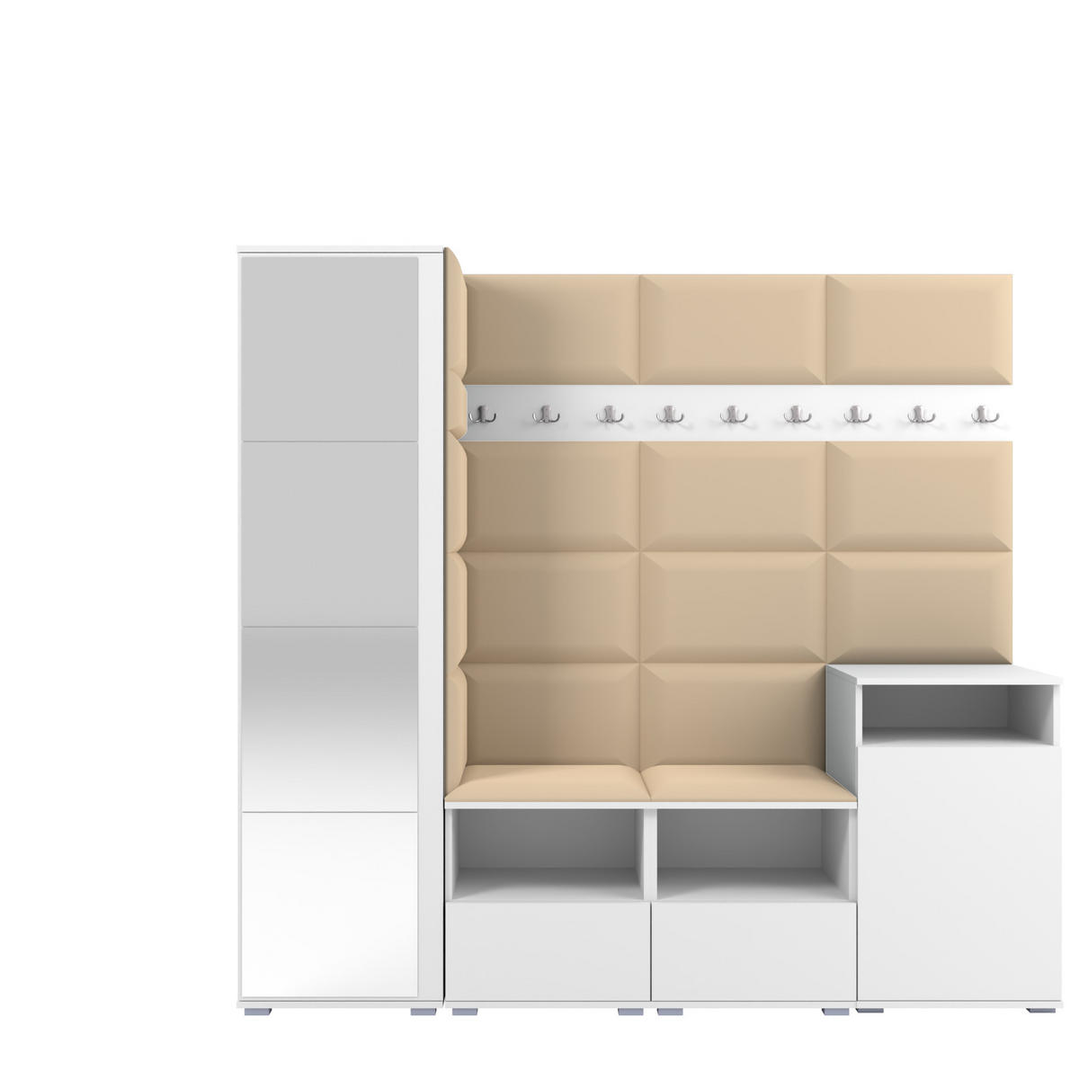 GARDEROBE NELA X 200 cm (Modulare Flurmöbel Weiß mit Spiegel & Sitzpolster Beige 04 Schrank + Sideboard) - Beige/Silberfarben, Holz/Holzwerkstoff (200/187/40cm) - Ravio