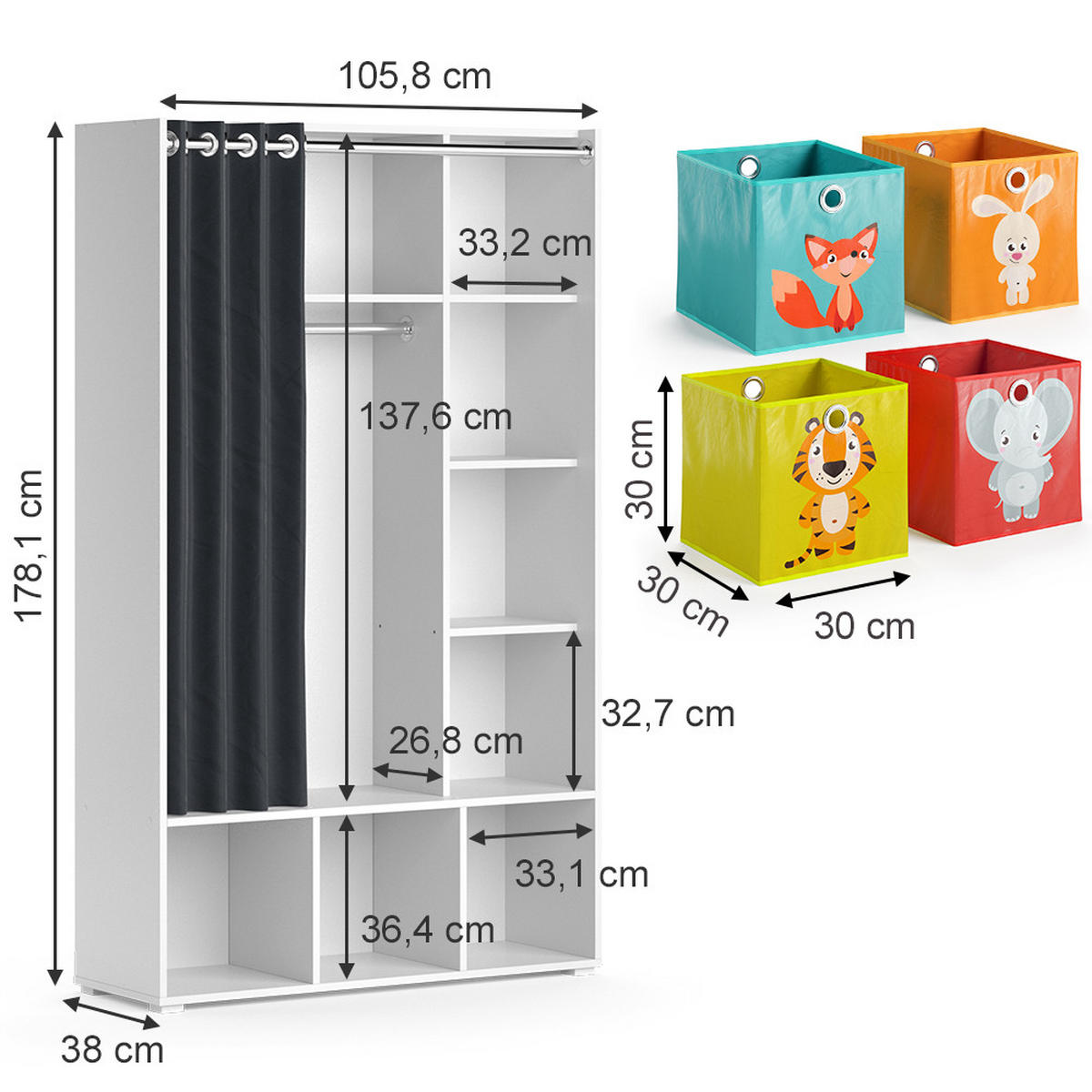 KINDERKLEIDERSCHRANK Luigi Weiß 105.8 x 178.1 cm Mit Faltboxen (bunt) - Multicolor/Weiß, Holzwerkstoff (105.8/178.1/38cm) - Vicco