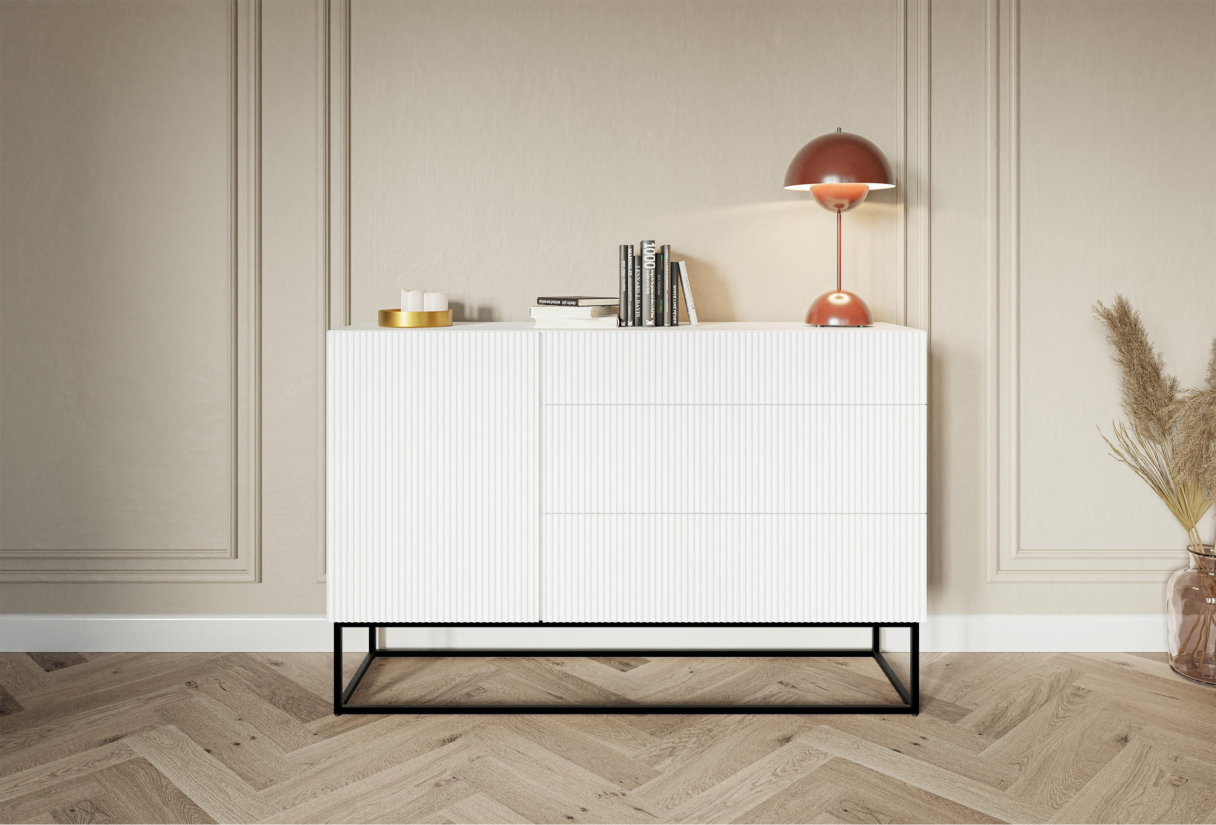 SIDEBOARD Veldio Weiß mit Schubladen und schwarzen Beinen 140 cm - Schwarz/Weiß, Holzwerkstoff/Metall (140/90/38cm) - Selsey