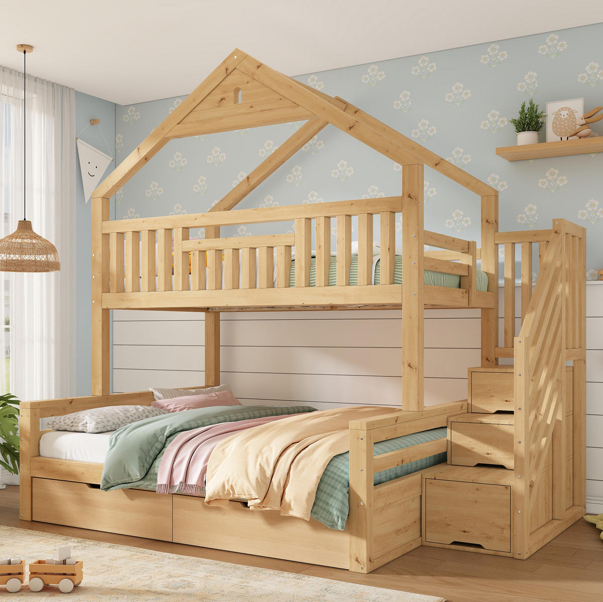 ETAGENBETT Holz 140x200 cm Eichefarben mit Treppenschrank, 2 Schubladen und Giebeldach - Eichefarben, Holz (140/200cm) - Modfu
