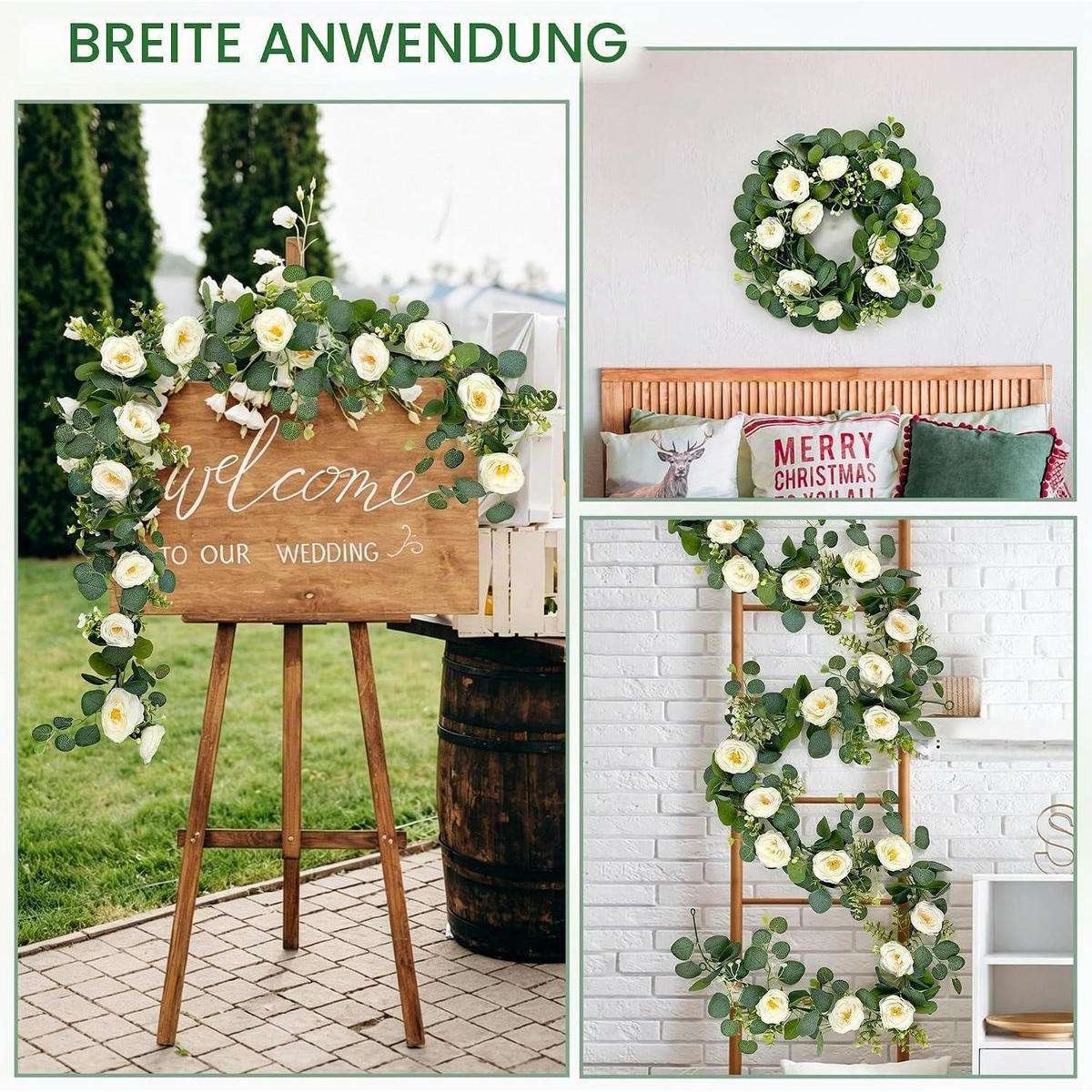 BLUMENGIRLANDE 2-teiliges Set 1,8 m Eukalyptus mit weißen Rosen - Multicolor, Kunststoff (1cm)