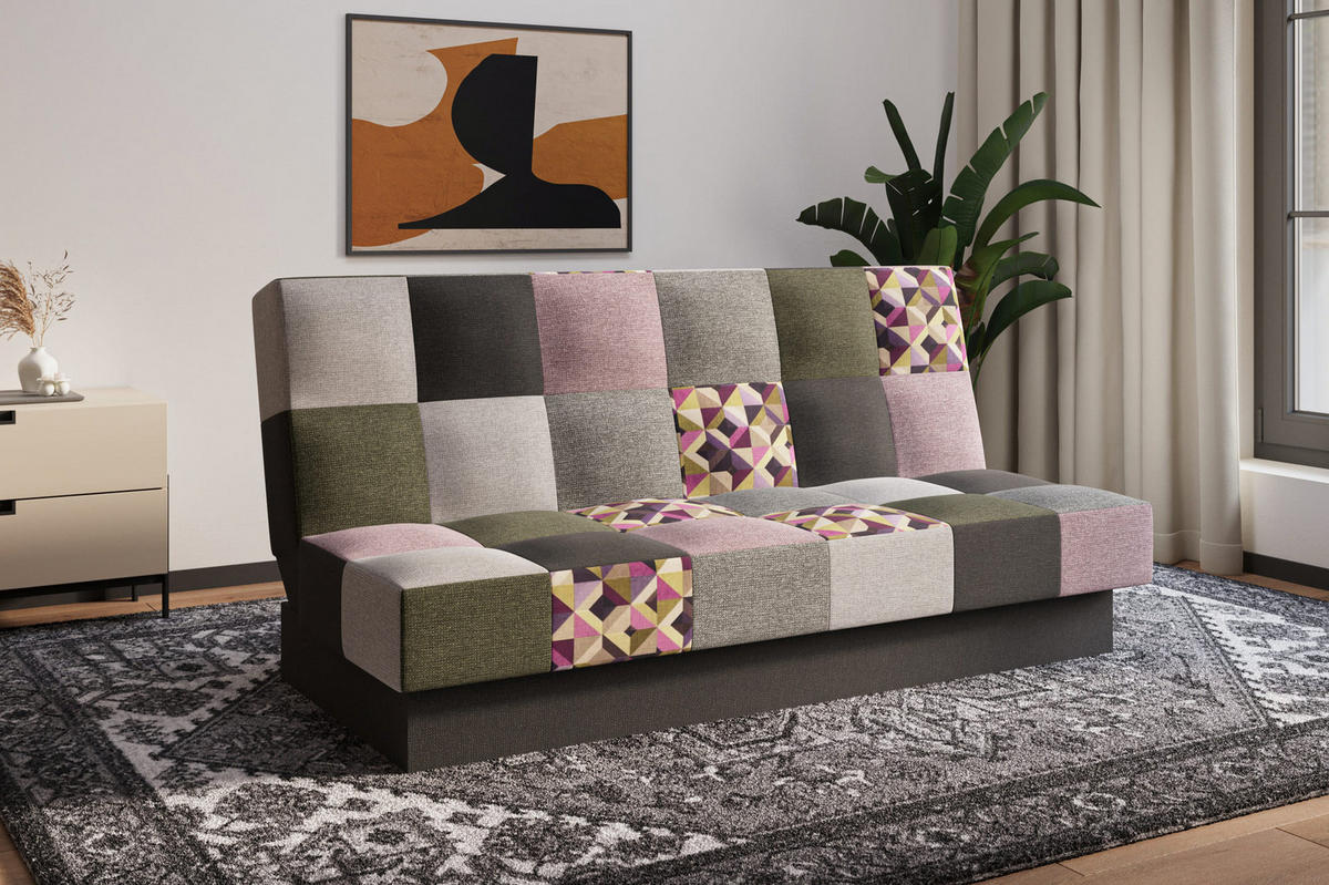 SCHLAFSOFA - Cyprus patchwork - Rosa + Oliv - Rosa, Holz (192/85/92cm) - Möblo